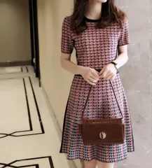 格子柄 ジャガード ウエストマーク ニット 美ライン ワンピース