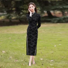 ブラック ベルベット 長袖 チャイナドレス タイト ロング ワンピ