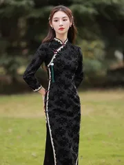ワンピ ロング ブラック チャイナドレス ベルベット タイト 長袖