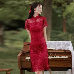 ワインレッド レース 花柄 半袖 チャイナドレス タイト ワンピ