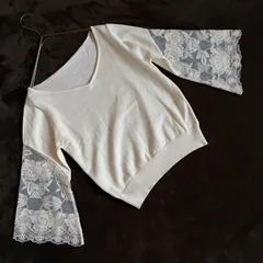【CECIL MACBEE】7分袖レースデザインVネックスプリングニット/Mサイズ/ホワイト/レーヨン・ポリエステル・ナイロン