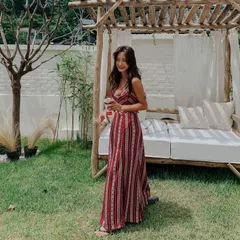 ワンピース レッド ストライプ エスニック ロング リゾート