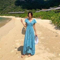 美品】ワコール スリーシア ワンピース 花柄 青 フリル ロング ユリ 