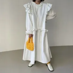 長袖 フリル ボリューム袖 ロング ドレス マキシ ワンピース