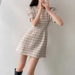 半袖  千鳥 格子 柄Aライン 上品  パフスリーブ ミニ ワンピース