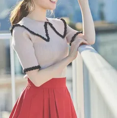 バイカラー 半袖 5分袖  シンプル ニット ビッグカラー トップス