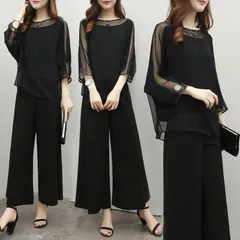 パンツドレス レディース ワイドパンツ パーティードレス シースルー シフォン シンプル エレガント 七分袖 結婚式 パーティー 入学式 入園式 卒業【0807④】