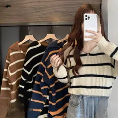 ニット ニットセーター フード付き ボーダー柄 Vネック 長袖 レディース トップス