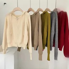 ニット ニットパーカー ニットカーディガン ストライプ リブ フード付き シンプル カラバリ レディース トップス