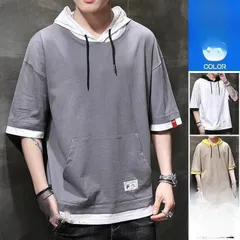 パーカー メンズ おしゃれ 春服 夏用 薄手 パーカ 五分袖 半袖 カジュアル 夏パーカー フード付き 肩落ち 父の日