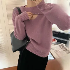 レディース トップス パール ラウンドネック 無地 セーター 女性 2022 新商品 エレガントなスタイル ファッションニット トレンド