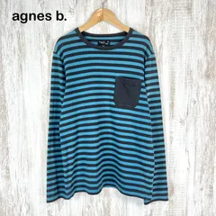 agnes b. homme アニエスベーオム ワンポイントポケット ボーダー 総柄 コットン 長袖 Tシャツ ロンT ブルー メンズ トップス