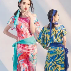 ベリーダンス 衣装 ４点セット 大人 オリエンタル エジプト サイディ バラディ パフォーマンス 民俗 ダンス衣装 ロング ワンピース ベルト ヘアバンド インナーパンツ 練習着 レッスン着 きらきら