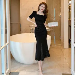 ドレス 黒 パーティー マーメイド 高級感 結婚式 ドット ロング