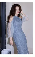 ドレス 二次会 スパンコール ワンピース パーティ― 肩開き