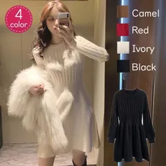 ニットワンピース ミニ丈 ケーブル編み クルーネック 長袖