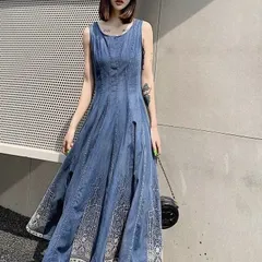 ノースリーブ デニムワンピース ロング 刺繍 フレア ジャンスカ