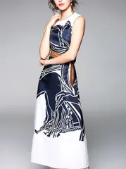 ノースリーブ バイカラー ベルト付き ミモレ丈ワンピース