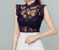 ノースリーブ フラワーレース シフォンシャツ エレガント