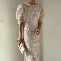 パーティードレス レース パフスリーブ ミディ丈 可愛い 半袖