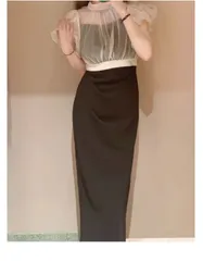 パーティードレス 半袖シースルー 切替えワンピース エレガント