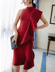 パーティドレス ノースリ フリル ミディ 【4色】アシンメトリ☆