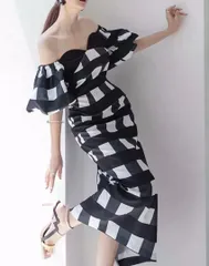 ハイウエストドレス ギンガムチェック バルーンスリーブ262602