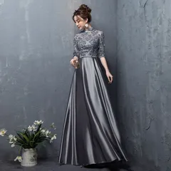 ハイネック フレア パーティドレス 刺繍 レース 七分袖 ロング