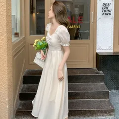 パフスリーブ ワンピース 無地 ドレス ミモレ丈