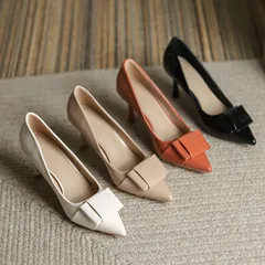 ヒールパンプス 4色 リボン エナメル 無地 韓国 今季新作