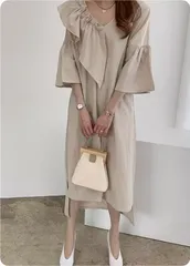 フリルワンピ アシンメトリー キュートなミモレ丈 韓国系2色 S4609