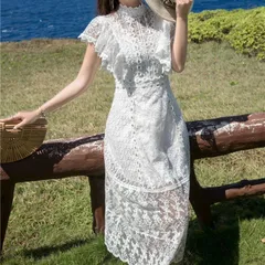 フリル袖 ロング ワンピース 花刺繍 レース ドレス