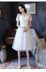 ミディ丈 Aライン パフスリーブ パーティードレス ワンピース