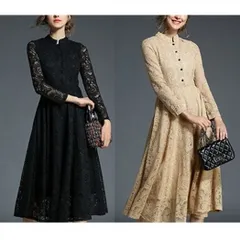 ミディ丈 レース ハイネック ワンピース 【2色】