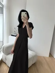 ミモレ丈 シンプル 半袖 ワンピース エレガント Vネック 韓国