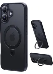 ★CASEKOO for iPhone 16 ケース【3倍米軍MIL規格 耐衝撃／MagSafe対応】隠しスタンド 縦横立て対応 リング機能 マット仕上げ 指紋防止 黄変防止 半透明 ストラップホール付き 特許設計「MagicStand」（ブラック）