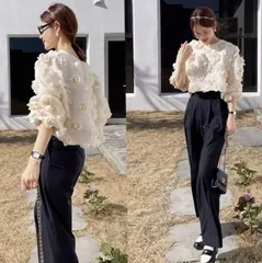 レディース エレガント トップス フラワー パフスリーブ