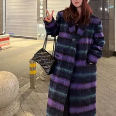 レディース チェスターコート チェック柄 パープル ロング丈