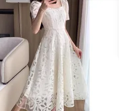 レディース レース ワンピース レトロ 清楚 パフスリーブ