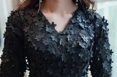 ロング お花ドレス Vネック パーティー ブラック エレガント