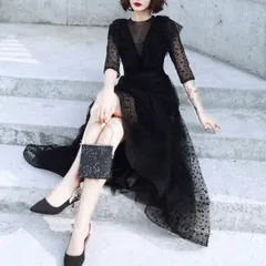 ロング パーティードレス レースエレガント ドット柄 フォーマル