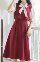 ロングワンピ フレンチ風 上品 重ね着風 レトロ リボンタイ付