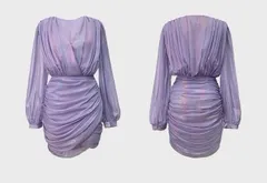 ワンピ パープル ドレス シャーリング ミニ丈 パーティ ☆長袖☆