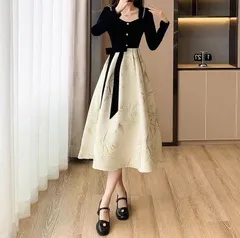 ワンピ ミディ丈 ☆長袖☆リボン ボタニカル パーティ ドレス