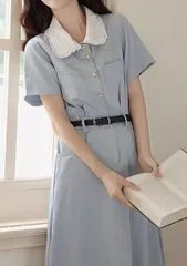 ワンピ 半袖 レトロ カレッジ風 上品 シャツベルト付き Aライン