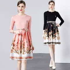 ワンピース カラー 花柄 フラワー リボン ニット