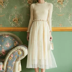 ワンピース ドレス ミモレ丈  ドッキング 星柄