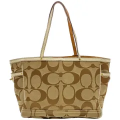 コーチ　シグネチャー　キャンバス　ベージュ　ブラウン　ハンドバッグ　Y-12