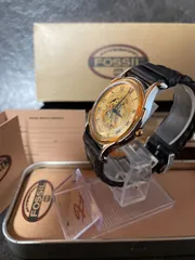 【希少/箱付】フォッシル 腕時計 メンズ スケルトン 自動巻き｜FOSSIL SK-5119 ゴールド 裏スケ イントレチャート レザーベルト 編み込み ブラウン ヴィンテージ風 クラシック 動作確認済  ビジネス カジュアル アンティーク レトロ