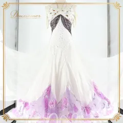 社交ダンス 衣装スタンダードドレス ワンピース ドレス フロート レース 紫 白 デモ 競技 ダンス パーティ 発表会 上品 花 ボリューム 華やか 豪華 ホワイト系 パープル系 かわいい 高級感 衣装用 おしゃれ 女性用 パフォーマンス